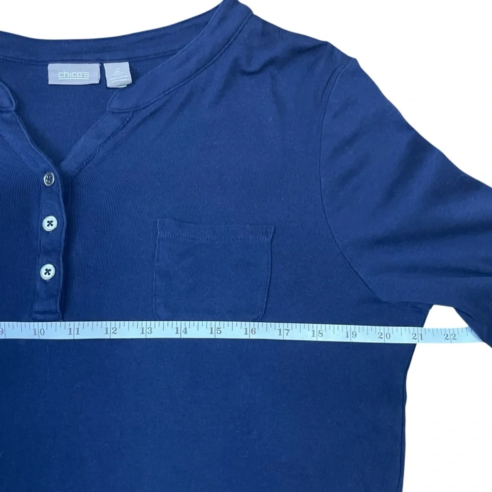 Chico’s Blue Relaxed Fit Henley Blouse | Mandarin Collar 3/4 Sleeve Casual Top